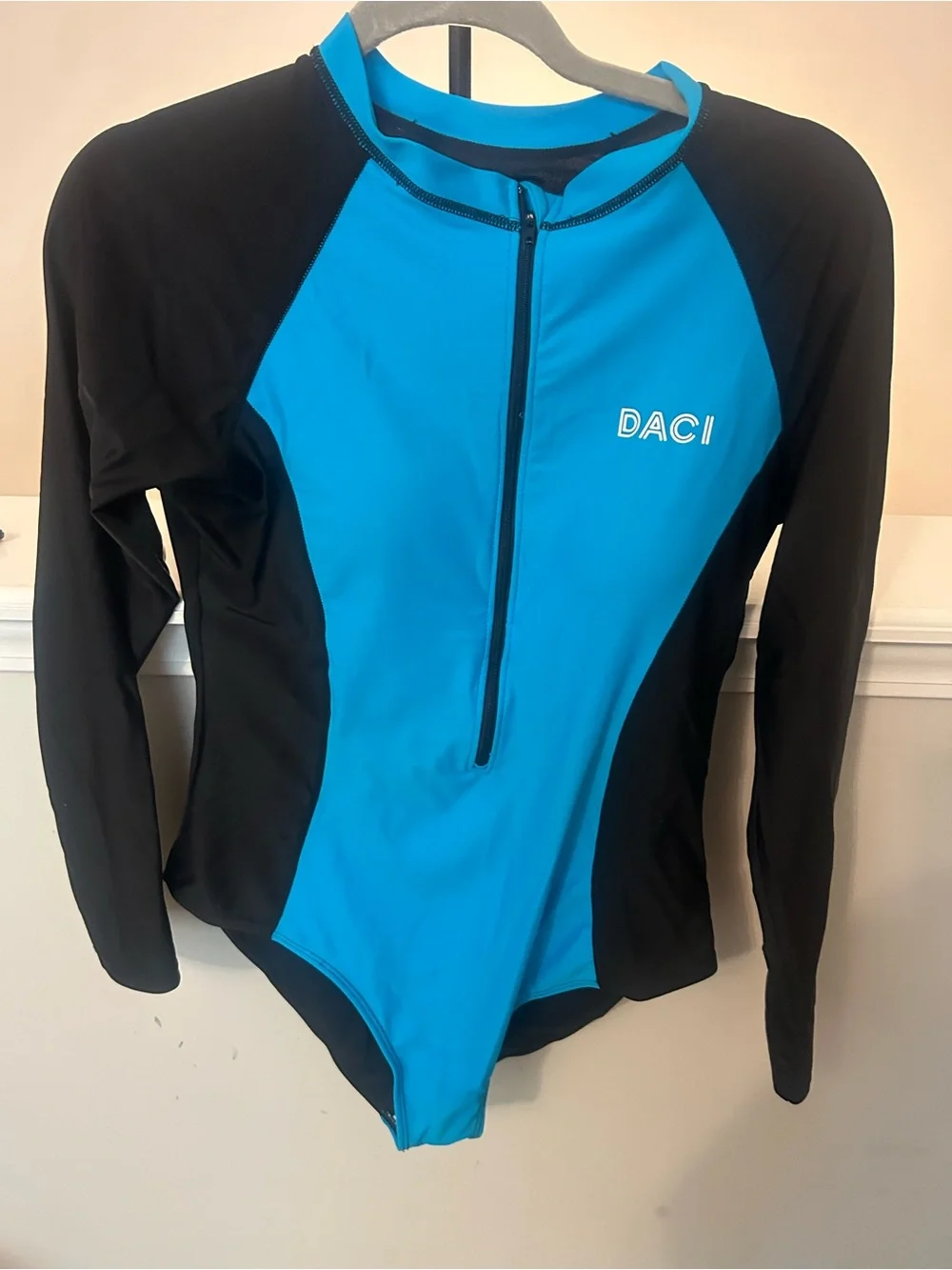 DACI Women's Long Sleeve Blue & Black Zip-Front One-Piece Swimsuit